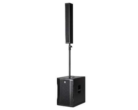 A tall speaker mounted on a compact subwoofer for audio output.