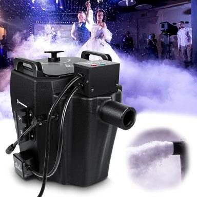 A fog machine with smoke billowing out, set against a festive dance scene.